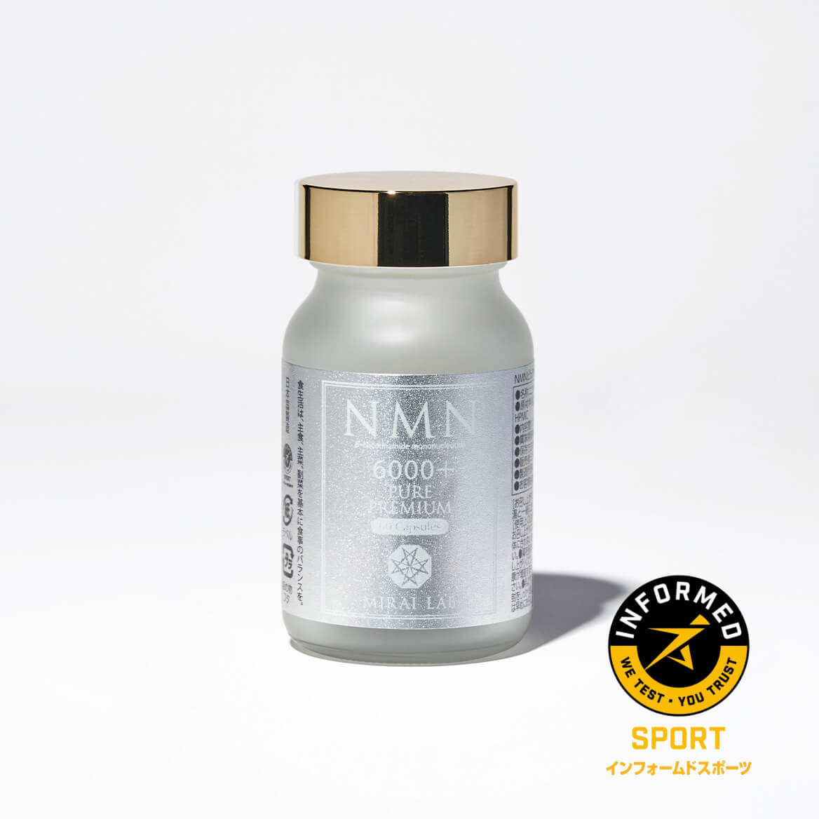 bottle containing 60 capsules of mirai lab's nmn 6000 pure supplement 